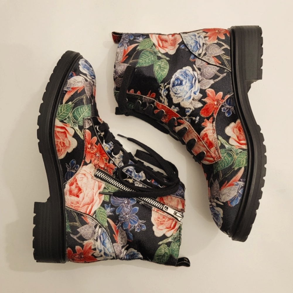 JUSTFAB Velvet Floral Aynsly Combat Boots.